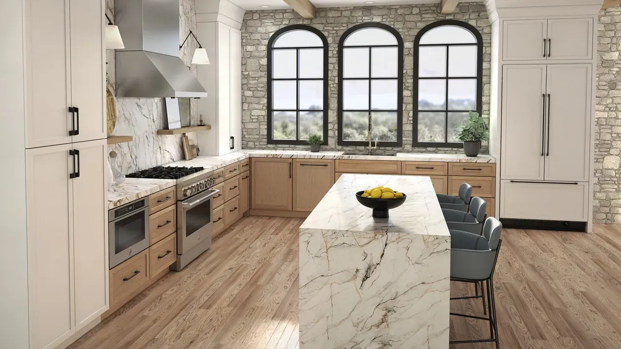 A JennAir kitchen with a built in refrigerator